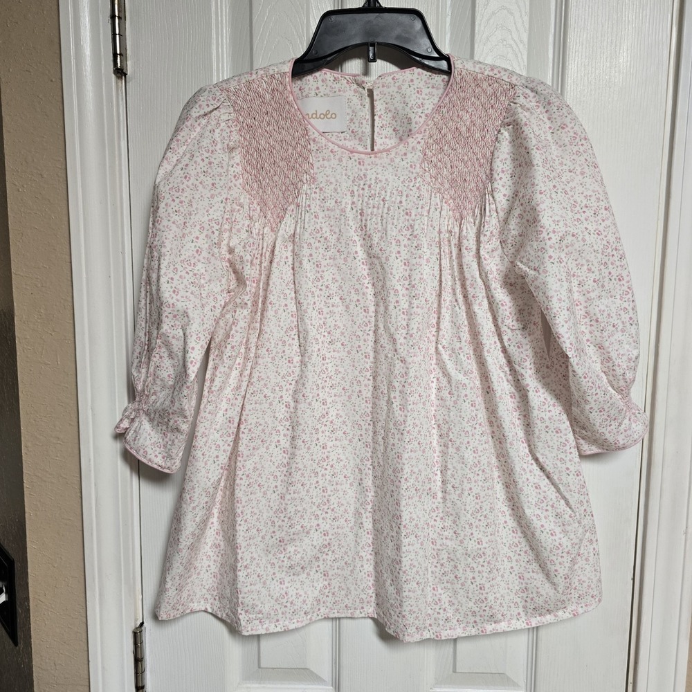 Dondolo Women's XS Pink Floral Smocked Cotton Blouse Long Sleeve Top